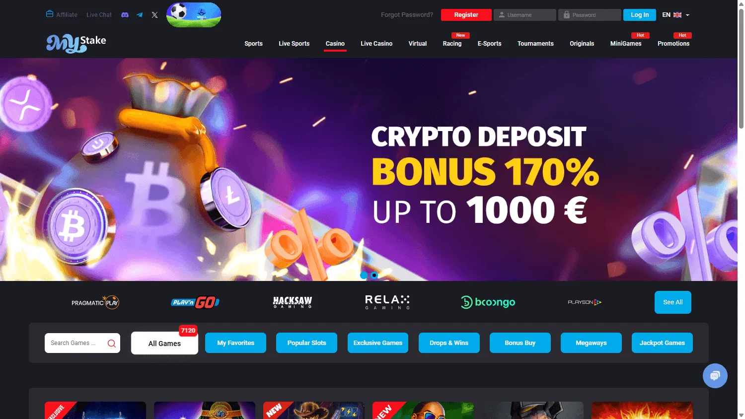 Mystake Casino desktop game selection with casino and betting categories