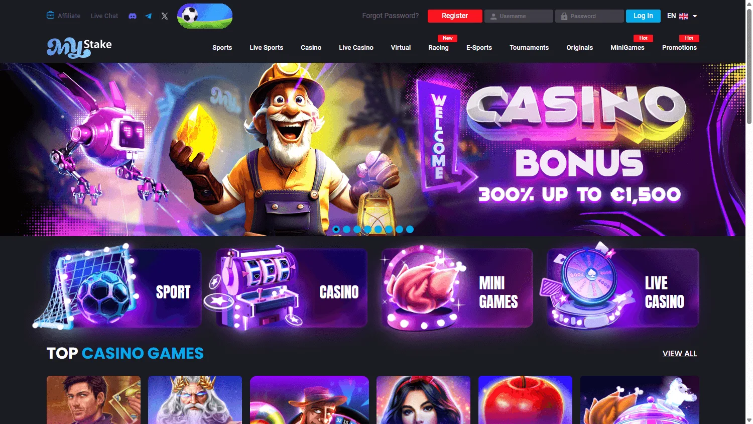 Mystake Casino desktop homepage with casino and betting access
