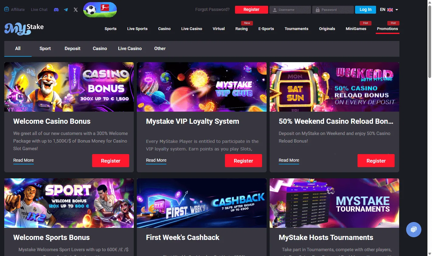 Mystake Casino desktop promotions area with bonuses and tournaments