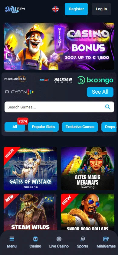 Mystake Casino mobile game selection with casino categories