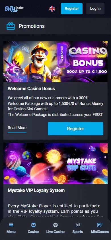 Mystake Casino mobile promotions area with offers and tournaments