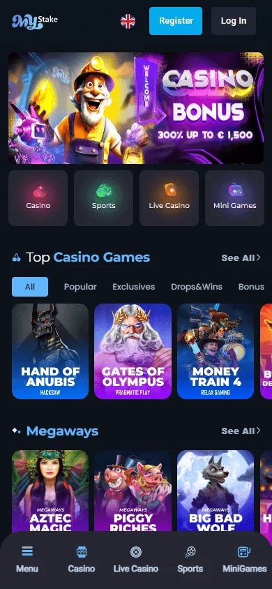 Mystake Casino mobile website homepage with condensed navigation